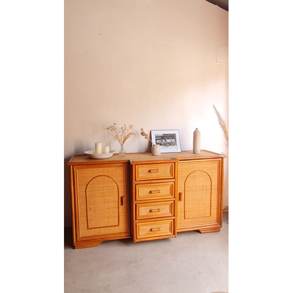 Buffet esprit enfilade en rotin circa années 70 vintage
