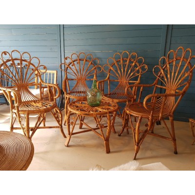 4 Fauteuils  Peacock et table rotin et osier vintage