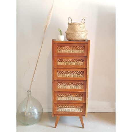 Chiffonnier bois et rotin circa 1960, pieds compas - esprit scandinave