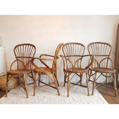 2 chaises et 2 fauteuils rotin et osier par P.Audoux et F. Minet circa 1950