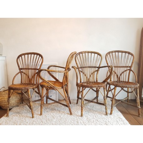 2 chaises et 2 fauteuils rotin et osier par P.Audoux et F. Minet circa 1950
