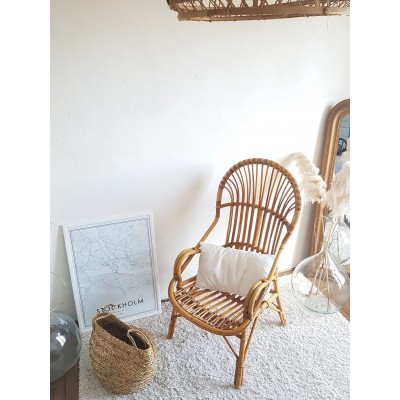 Fauteuil en rotin et osier vintage - dossier haut