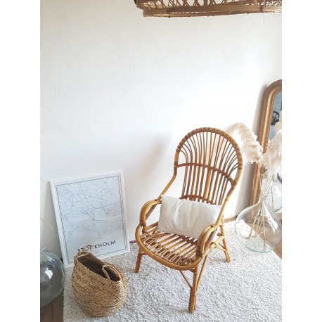 Fauteuil en rotin et osier vintage - dossier haut