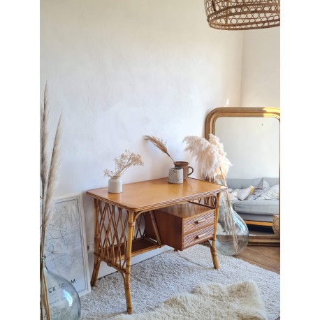 Bureau rotin et osier vintage pieds compas