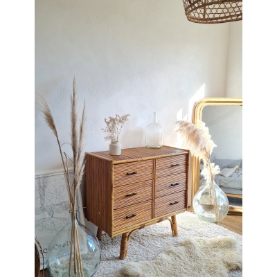 Commode en rotin vintage pieds compas
