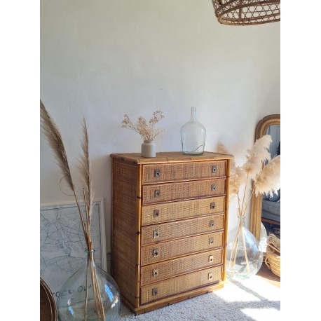 Commode en rotin circa années 70 - Dal Vera - Italie -vintage - 7 tiroirs